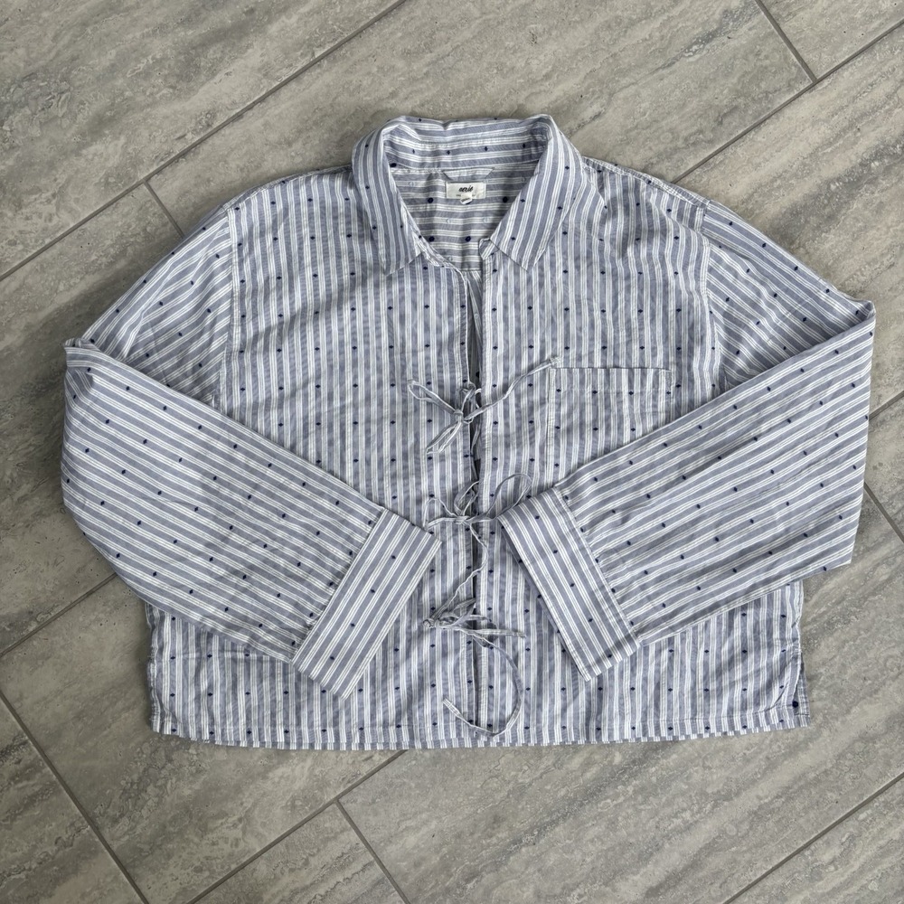Aerie Off-Duty Poplin Tie Front Shirt Ocean Sky Women's Lounge Top Size XL